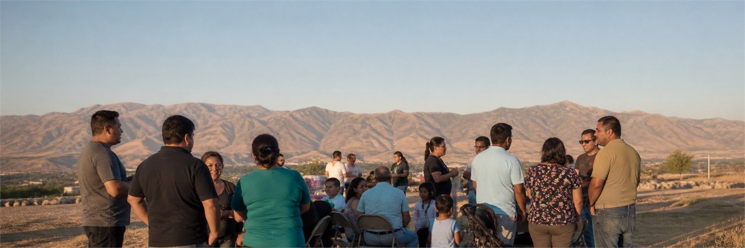 Familias hispanas conversando en un encuentro de la comunidad en Utah.