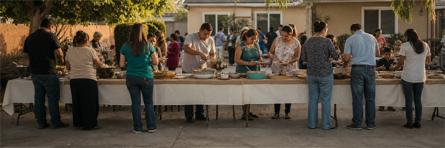 Un grupo de vecinos compartiendo comida en una reunión de barrio.