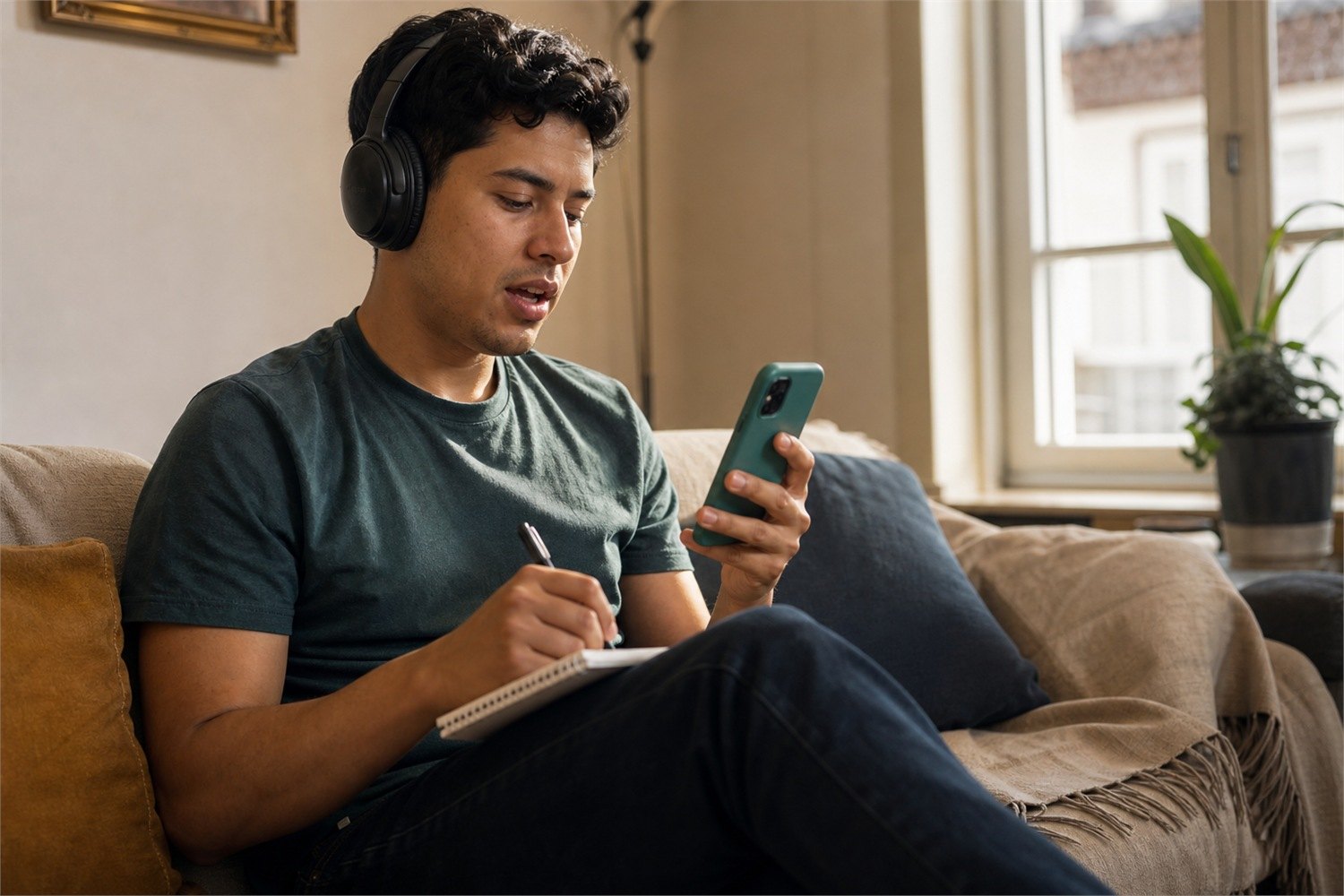Alguien practicando inglés con la app mientras toma notas.